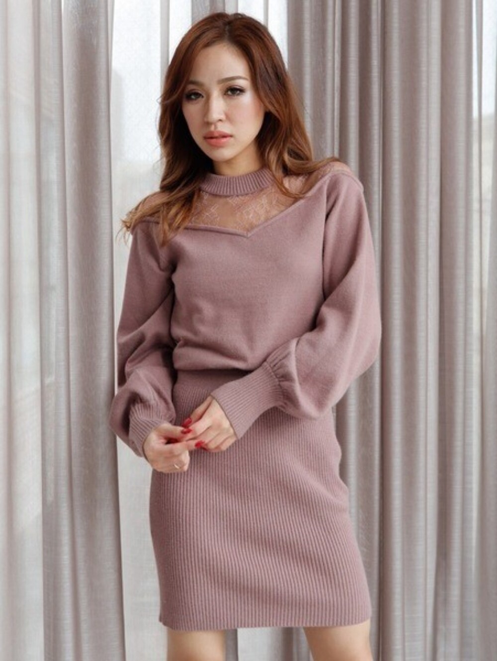 Lip Service Gyaru Japan Dusty Rose Mauve Knit Dress Lace Off Shoulders